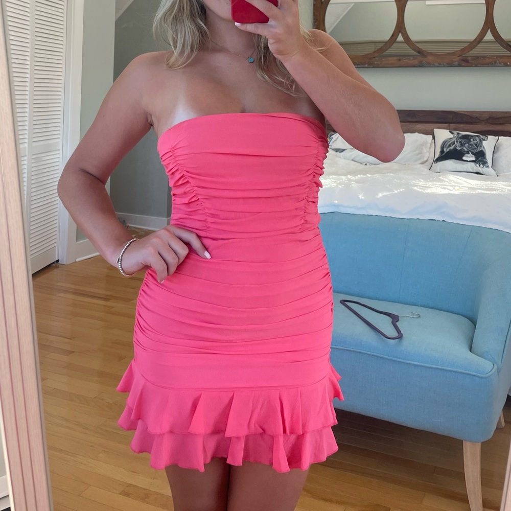 Pink strapless Lucy in the Sky summer dress